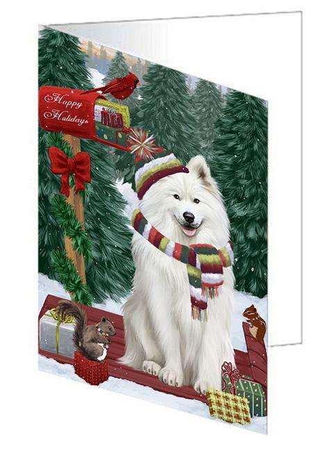 Merry Christmas Woodland Sled Samoyed Dog Handmade Artwork Assorted Pets Greeting Cards and Note Cards with Envelopes for All Occasions and Holiday Seasons GCD69569