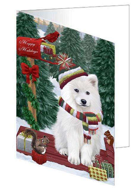 Merry Christmas Woodland Sled Samoyed Dog Handmade Artwork Assorted Pets Greeting Cards and Note Cards with Envelopes for All Occasions and Holiday Seasons GCD69572