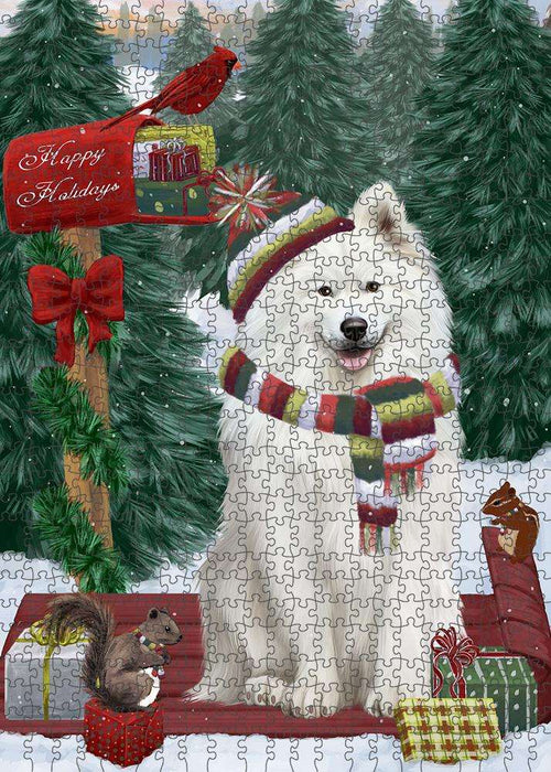 Merry Christmas Woodland Sled Samoyed Dog Puzzle with Photo Tin PUZL88152
