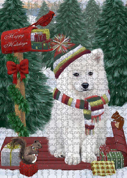 Merry Christmas Woodland Sled Samoyed Dog Puzzle with Photo Tin PUZL88156