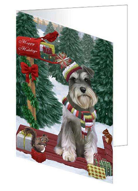 Merry Christmas Woodland Sled Schnauzer Dog Handmade Artwork Assorted Pets Greeting Cards and Note Cards with Envelopes for All Occasions and Holiday Seasons GCD69575