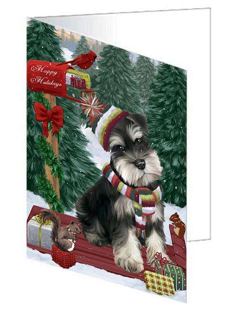 Merry Christmas Woodland Sled Schnauzer Dog Handmade Artwork Assorted Pets Greeting Cards and Note Cards with Envelopes for All Occasions and Holiday Seasons GCD69578