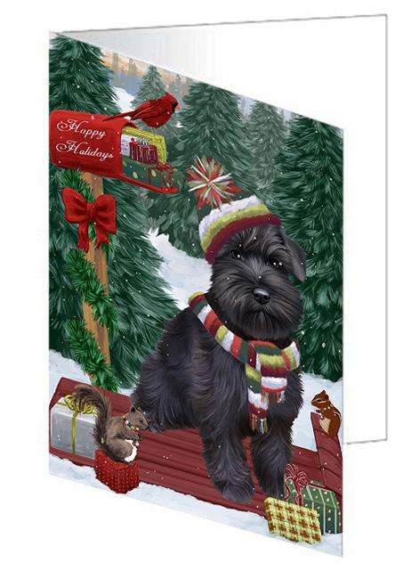 Merry Christmas Woodland Sled Schnauzer Dog Handmade Artwork Assorted Pets Greeting Cards and Note Cards with Envelopes for All Occasions and Holiday Seasons GCD69581