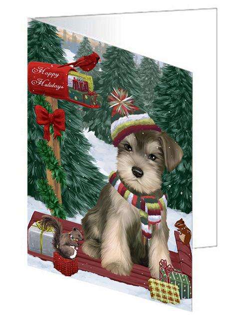 Merry Christmas Woodland Sled Schnauzer Dog Handmade Artwork Assorted Pets Greeting Cards and Note Cards with Envelopes for All Occasions and Holiday Seasons GCD69584