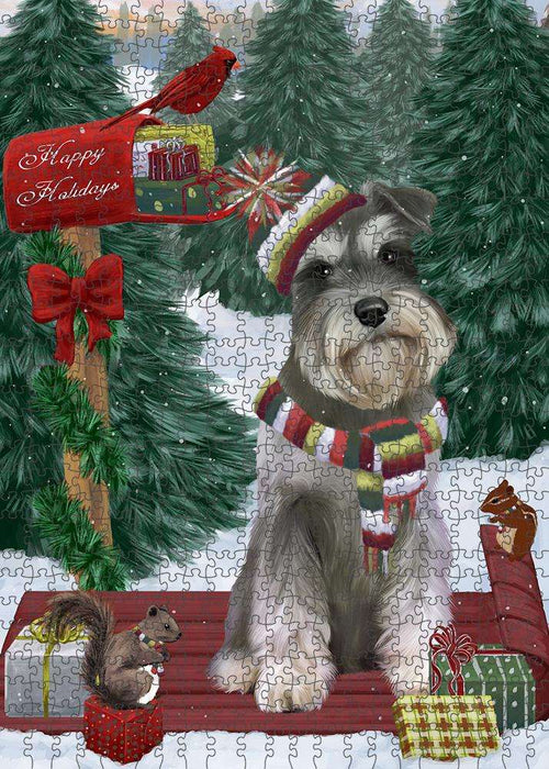Merry Christmas Woodland Sled Schnauzer Dog Puzzle with Photo Tin PUZL88160
