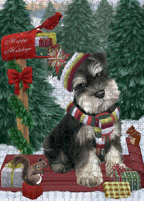 Merry Christmas Woodland Sled Schnauzer Dog Puzzle with Photo Tin PUZL88164
