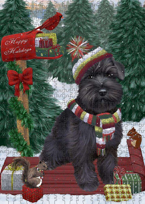 Merry Christmas Woodland Sled Schnauzer Dog Puzzle with Photo Tin PUZL88168