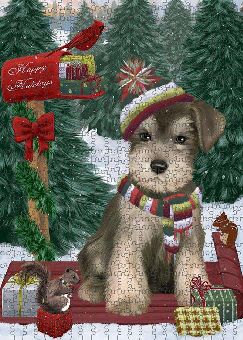Merry Christmas Woodland Sled Schnauzer Dog Puzzle with Photo Tin PUZL88172