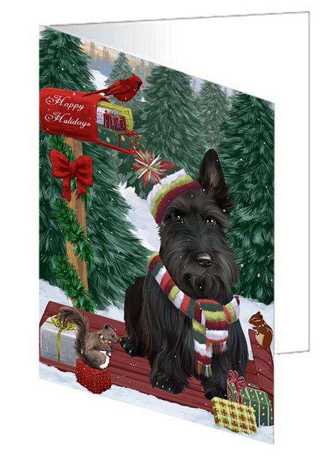 Merry Christmas Woodland Sled Scottish Terrier Dog Handmade Artwork Assorted Pets Greeting Cards and Note Cards with Envelopes for All Occasions and Holiday Seasons GCD69587