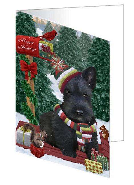 Merry Christmas Woodland Sled Scottish Terrier Dog Handmade Artwork Assorted Pets Greeting Cards and Note Cards with Envelopes for All Occasions and Holiday Seasons GCD69590
