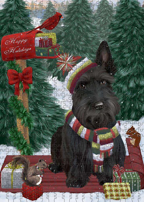 Merry Christmas Woodland Sled Scottish Terrier Dog Puzzle with Photo Tin PUZL88176
