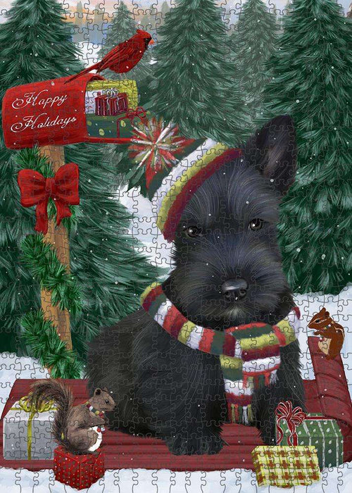 Merry Christmas Woodland Sled Scottish Terrier Dog Puzzle with Photo Tin PUZL88180