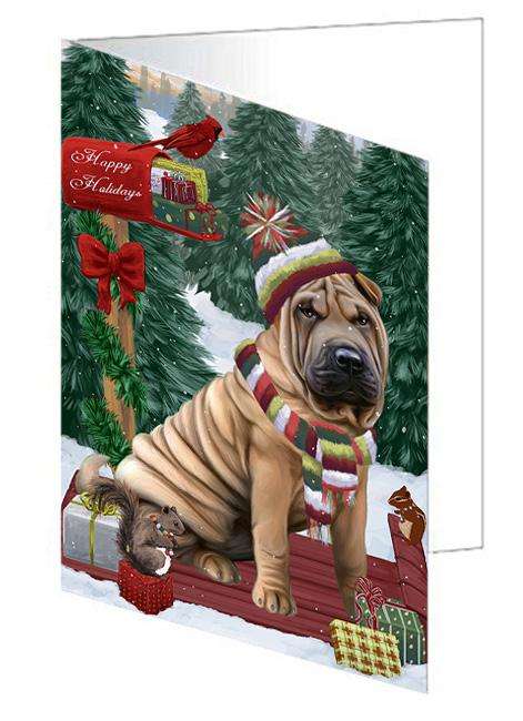 Merry Christmas Woodland Sled Shar Pei Dog Handmade Artwork Assorted Pets Greeting Cards and Note Cards with Envelopes for All Occasions and Holiday Seasons GCD69593