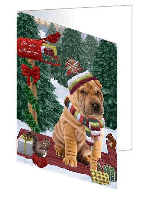 Merry Christmas Woodland Sled Shar Pei Dog Handmade Artwork Assorted Pets Greeting Cards and Note Cards with Envelopes for All Occasions and Holiday Seasons GCD69596