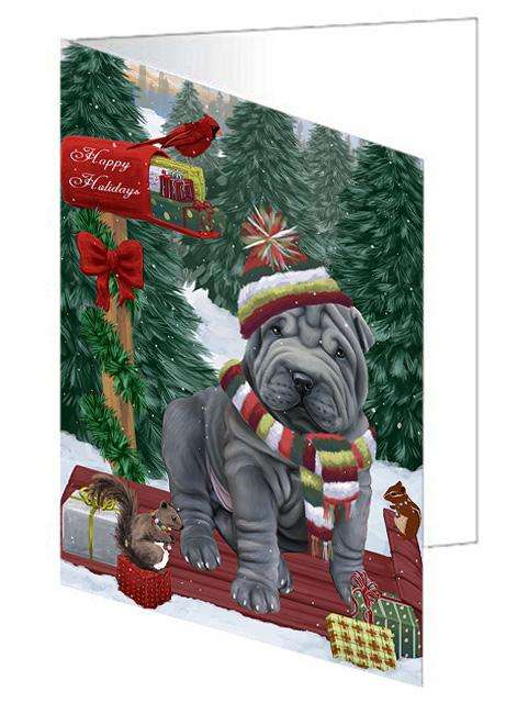 Merry Christmas Woodland Sled Shar Pei Dog Handmade Artwork Assorted Pets Greeting Cards and Note Cards with Envelopes for All Occasions and Holiday Seasons GCD69599