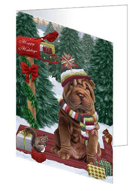 Merry Christmas Woodland Sled Shar Pei Dog Handmade Artwork Assorted Pets Greeting Cards and Note Cards with Envelopes for All Occasions and Holiday Seasons GCD69602