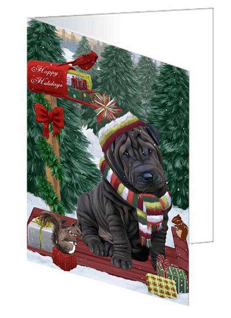 Merry Christmas Woodland Sled Shar Pei Dog Handmade Artwork Assorted Pets Greeting Cards and Note Cards with Envelopes for All Occasions and Holiday Seasons GCD69605