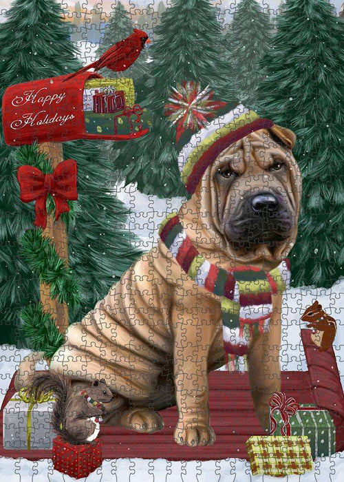 Merry Christmas Woodland Sled Shar Pei Dog Puzzle with Photo Tin PUZL88184