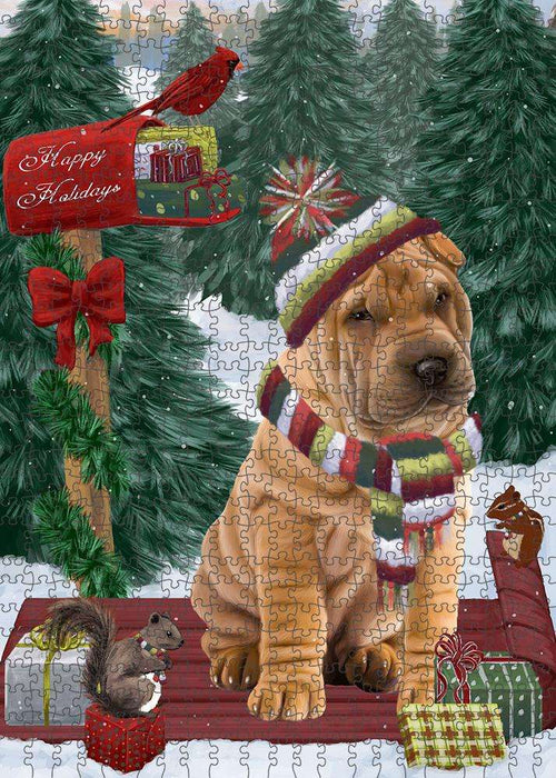 Merry Christmas Woodland Sled Shar Pei Dog Puzzle with Photo Tin PUZL88188
