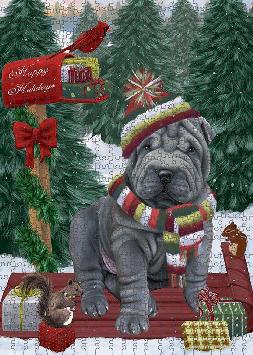 Merry Christmas Woodland Sled Shar Pei Dog Puzzle with Photo Tin PUZL88192
