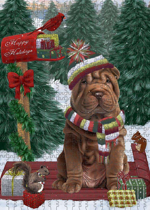 Merry Christmas Woodland Sled Shar Pei Dog Puzzle with Photo Tin PUZL88196