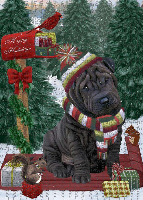 Merry Christmas Woodland Sled Shar Pei Dog Puzzle with Photo Tin PUZL88200