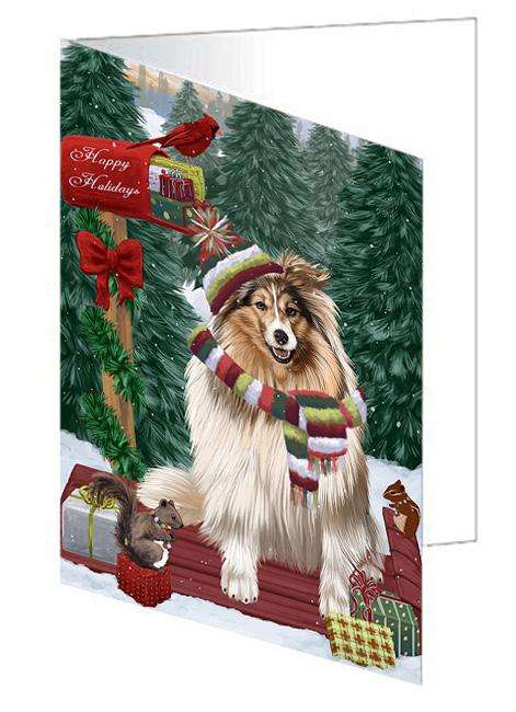 Merry Christmas Woodland Sled Shetland Sheepdog Handmade Artwork Assorted Pets Greeting Cards and Note Cards with Envelopes for All Occasions and Holiday Seasons GCD69608