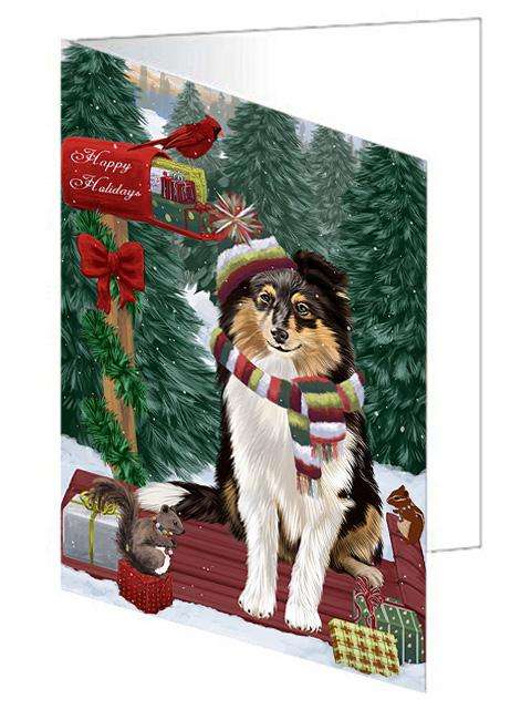 Merry Christmas Woodland Sled Shetland Sheepdog Handmade Artwork Assorted Pets Greeting Cards and Note Cards with Envelopes for All Occasions and Holiday Seasons GCD69611