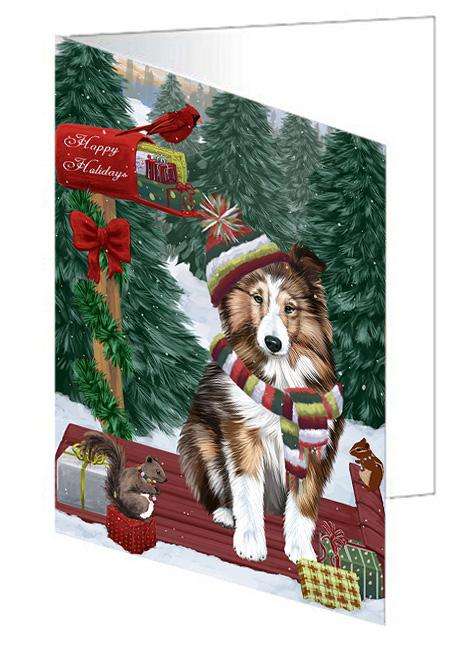 Merry Christmas Woodland Sled Shetland Sheepdog Handmade Artwork Assorted Pets Greeting Cards and Note Cards with Envelopes for All Occasions and Holiday Seasons GCD69614