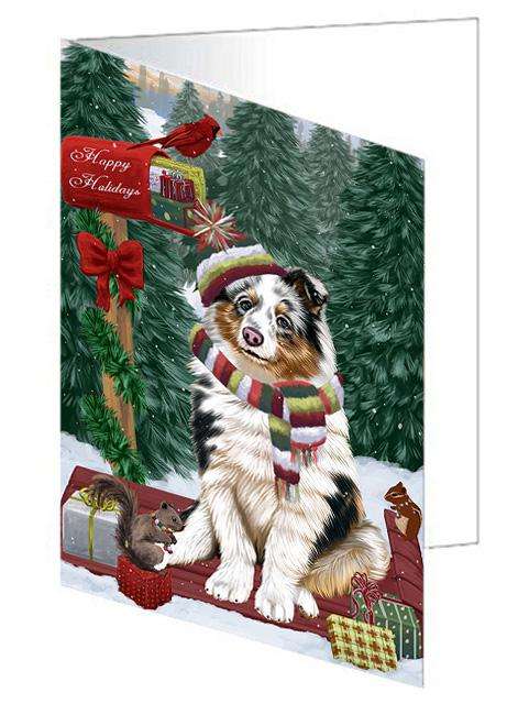 Merry Christmas Woodland Sled Shetland Sheepdog Handmade Artwork Assorted Pets Greeting Cards and Note Cards with Envelopes for All Occasions and Holiday Seasons GCD69617