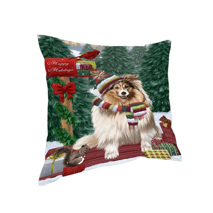 Merry Christmas Woodland Sled Shetland Sheepdog Pillow PIL77396
