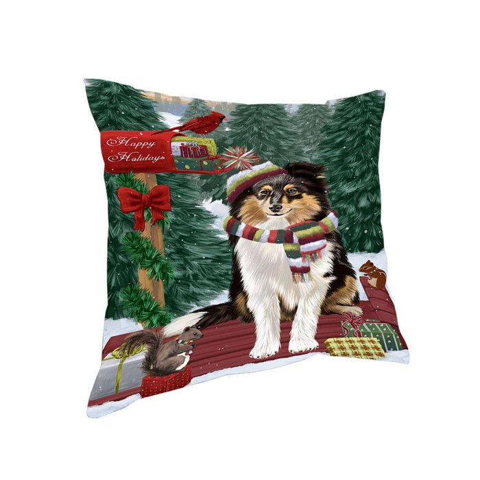 Merry Christmas Woodland Sled Shetland Sheepdog Pillow PIL77400