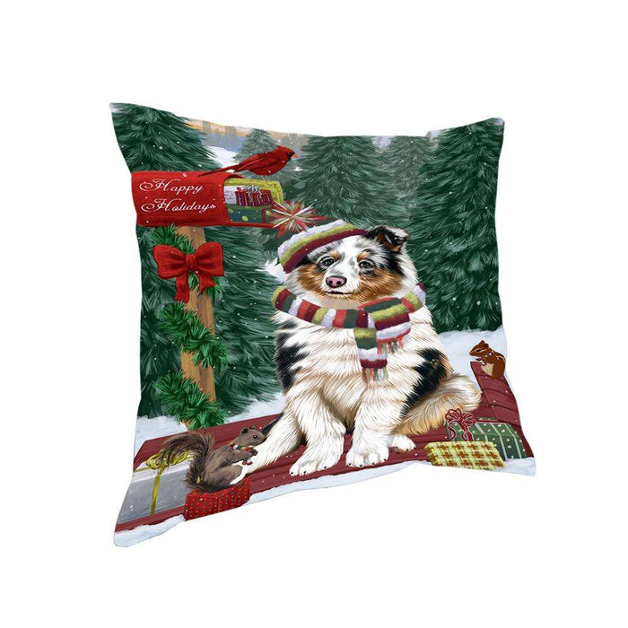 Merry Christmas Woodland Sled Shetland Sheepdog Pillow PIL77408