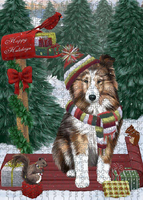 Merry Christmas Woodland Sled Shetland Sheepdog Puzzle with Photo Tin PUZL88212