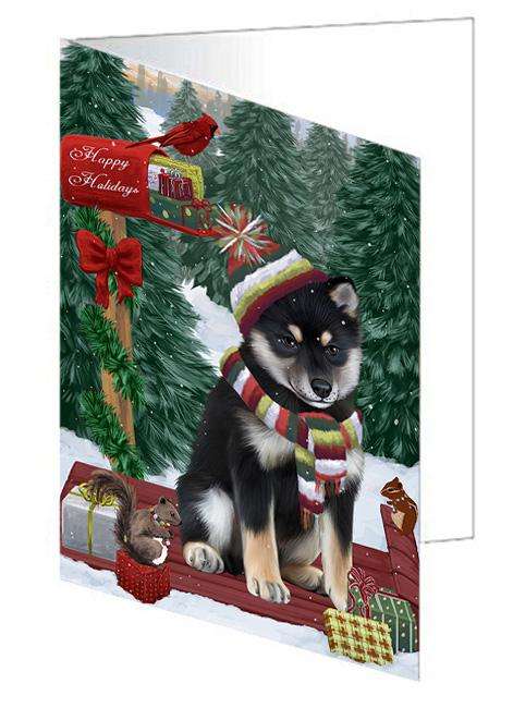 Merry Christmas Woodland Sled Shiba Inu Dog Handmade Artwork Assorted Pets Greeting Cards and Note Cards with Envelopes for All Occasions and Holiday Seasons GCD69623