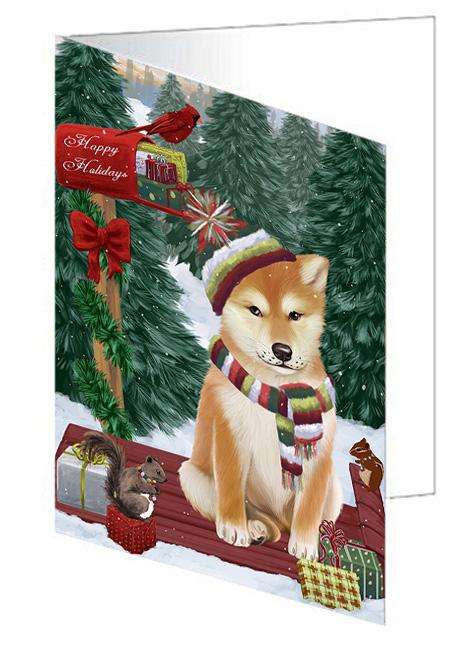 Merry Christmas Woodland Sled Shiba Inu Dog Handmade Artwork Assorted Pets Greeting Cards and Note Cards with Envelopes for All Occasions and Holiday Seasons GCD69626