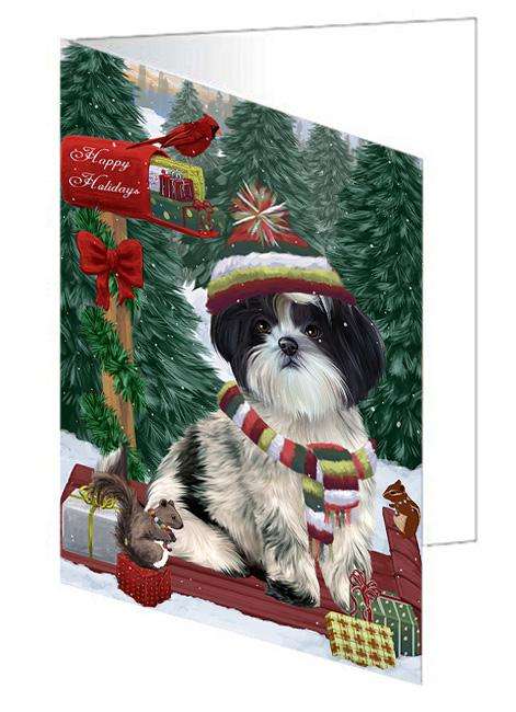 Merry Christmas Woodland Sled Shih Tzu Dog Handmade Artwork Assorted Pets Greeting Cards and Note Cards with Envelopes for All Occasions and Holiday Seasons GCD69629