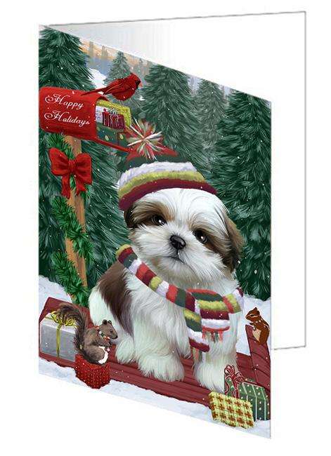 Merry Christmas Woodland Sled Shih Tzu Dog Handmade Artwork Assorted Pets Greeting Cards and Note Cards with Envelopes for All Occasions and Holiday Seasons GCD69632
