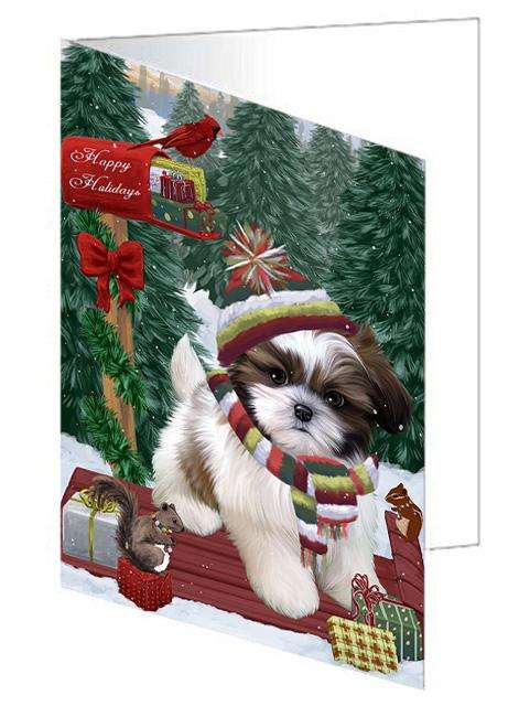 Merry Christmas Woodland Sled Shih Tzu Dog Handmade Artwork Assorted Pets Greeting Cards and Note Cards with Envelopes for All Occasions and Holiday Seasons GCD69635