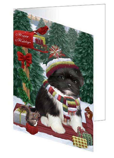 Merry Christmas Woodland Sled Shih Tzu Dog Handmade Artwork Assorted Pets Greeting Cards and Note Cards with Envelopes for All Occasions and Holiday Seasons GCD69638