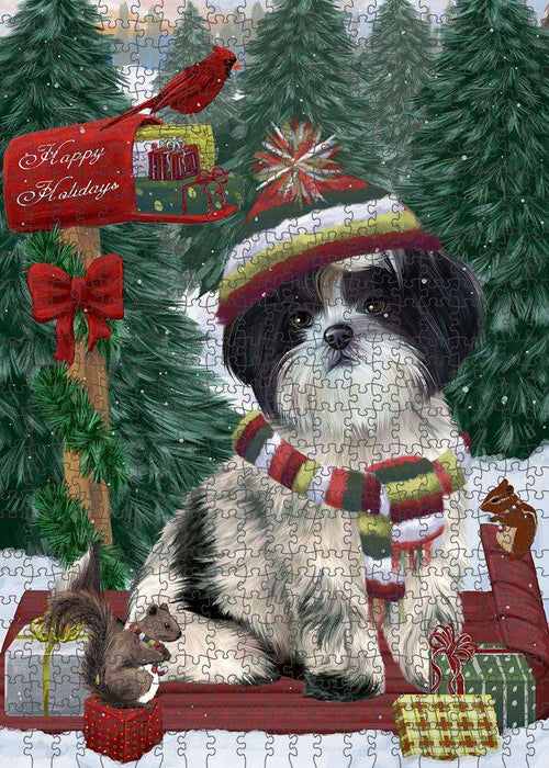 Merry Christmas Woodland Sled Shih Tzu Dog Puzzle with Photo Tin PUZL88232