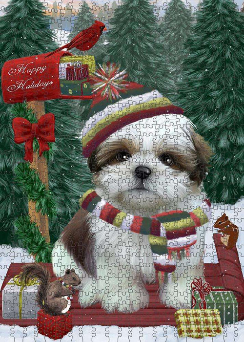 Merry Christmas Woodland Sled Shih Tzu Dog Puzzle with Photo Tin PUZL88236