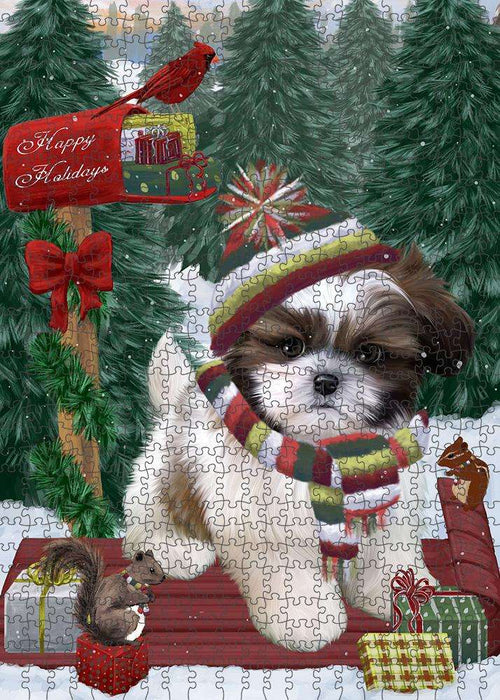Merry Christmas Woodland Sled Shih Tzu Dog Puzzle with Photo Tin PUZL88240