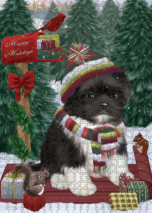 Merry Christmas Woodland Sled Shih Tzu Dog Puzzle with Photo Tin PUZL88244