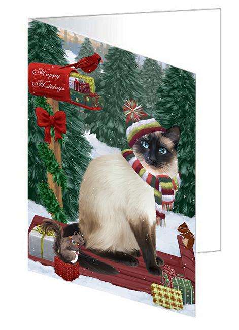 Merry Christmas Woodland Sled Siamese Cat Handmade Artwork Assorted Pets Greeting Cards and Note Cards with Envelopes for All Occasions and Holiday Seasons GCD69641