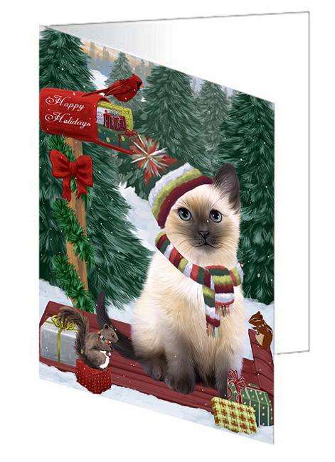 Merry Christmas Woodland Sled Siamese Cat Handmade Artwork Assorted Pets Greeting Cards and Note Cards with Envelopes for All Occasions and Holiday Seasons GCD69644