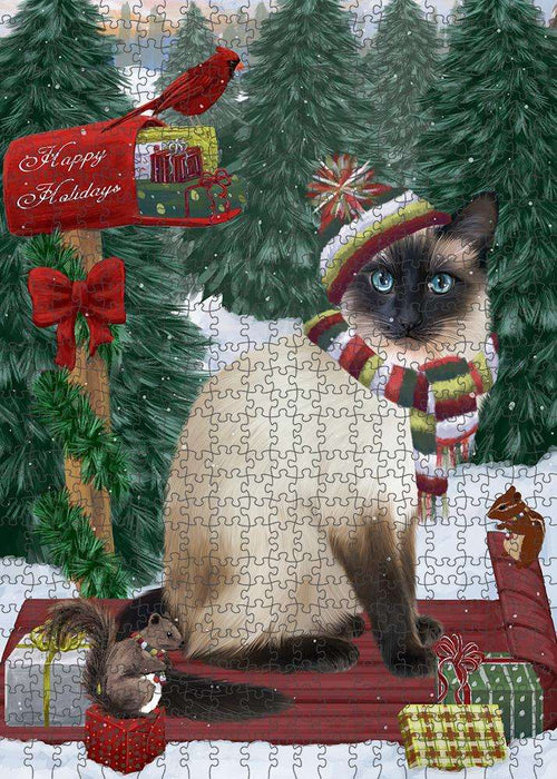 Merry Christmas Woodland Sled Siamese Cat Puzzle with Photo Tin PUZL88248