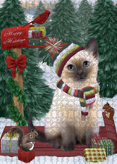 Merry Christmas Woodland Sled Siamese Cat Puzzle with Photo Tin PUZL88300