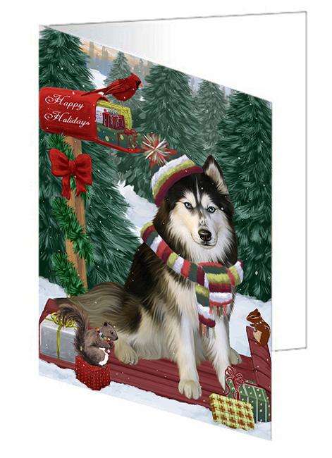 Merry Christmas Woodland Sled Siberian Husky Dog Handmade Artwork Assorted Pets Greeting Cards and Note Cards with Envelopes for All Occasions and Holiday Seasons GCD69647
