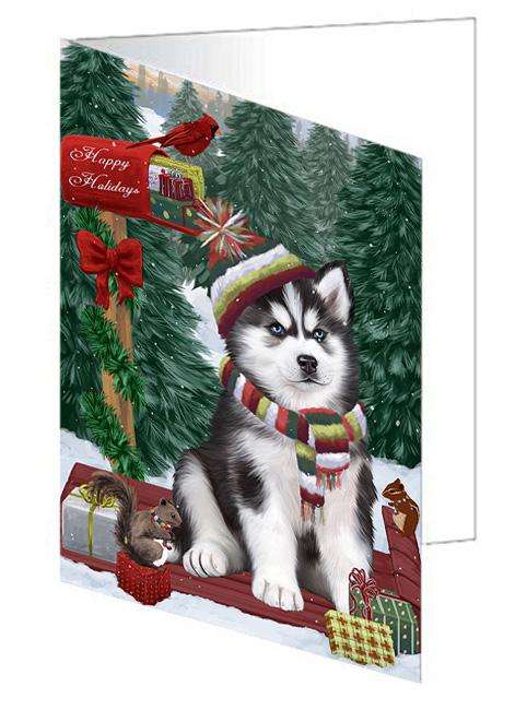 Merry Christmas Woodland Sled Siberian Husky Dog Handmade Artwork Assorted Pets Greeting Cards and Note Cards with Envelopes for All Occasions and Holiday Seasons GCD69653